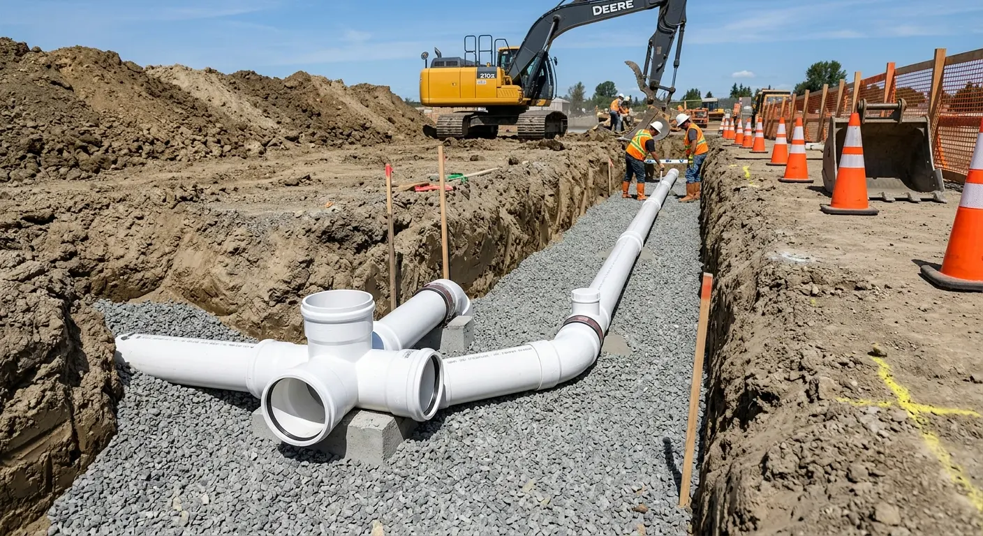 New PVC sewer pipe installation in open trench for Commercial Drain Cleaning in West Haven