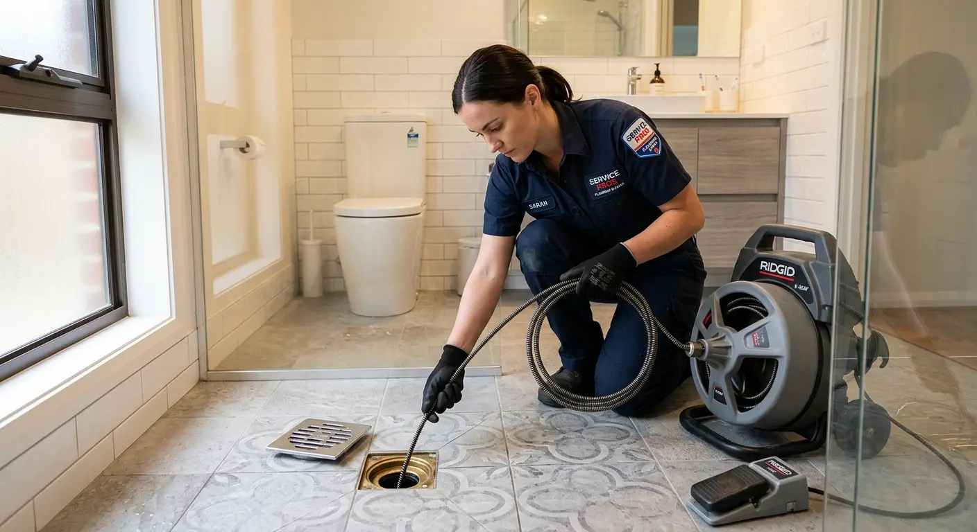 Technician clearing a bathroom floor drain for Drain Cleaning in West Haven
